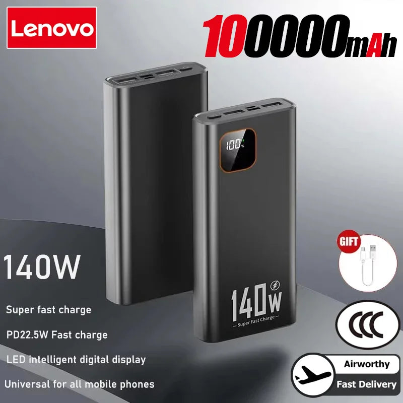 Lenovo 140W 500000mAh Ultra Capacity Power Bank Super Fast Charging CCC Portable Battery Charger For IPhone Samsung 2026 New Car Mobile World