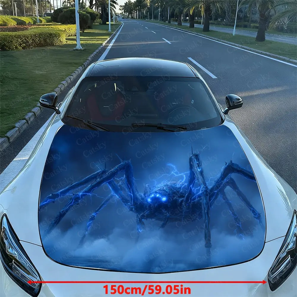 Blue Fluorescent Spider Car Vinyl Wrap - PVC Material,Durable And Stylish Bonnet Decal For Cars, Trucks, And SUVs,Car Stickers F