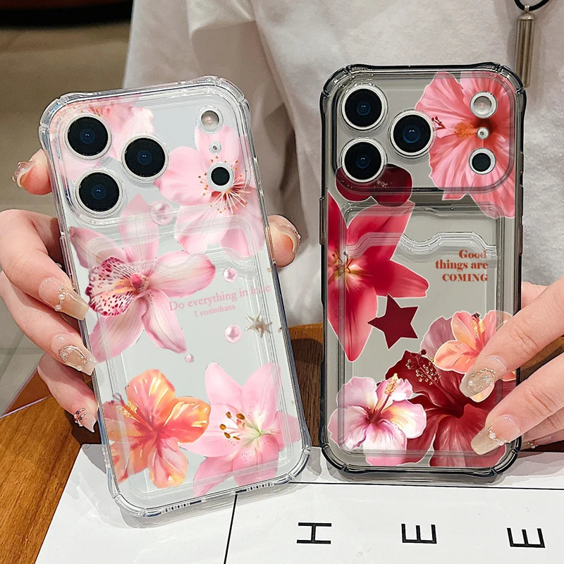 Card Slot Bag Clear Phone Case For iPhone 17e 18 17 Pro Max 16 15 14 13 Pro Max 16e 12 Lily Flowers Pattern Soft Silicone Cover