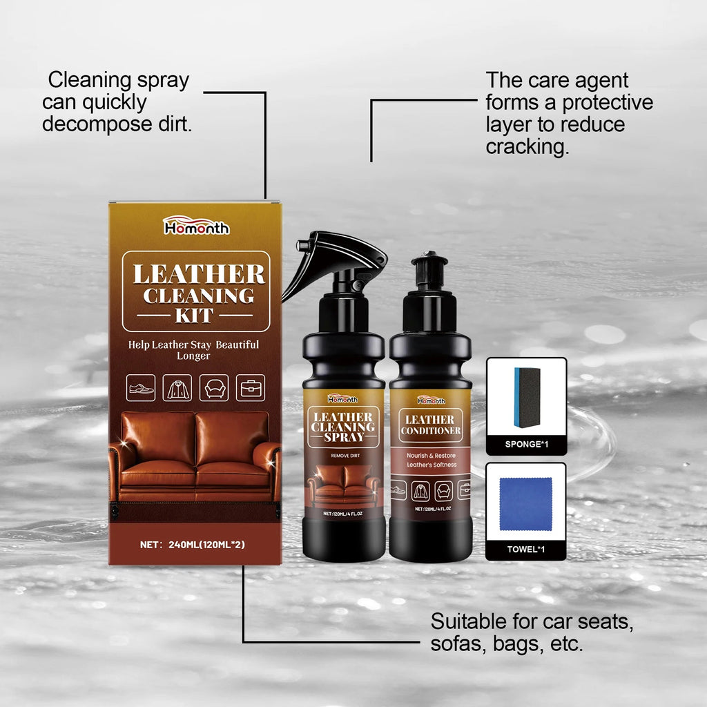 Leather Cleaner Conditioner Kit  Care Set Deep Spray Nourishing Cream Restores Softness Shine Prevents Cracking Includes Sponge CM World