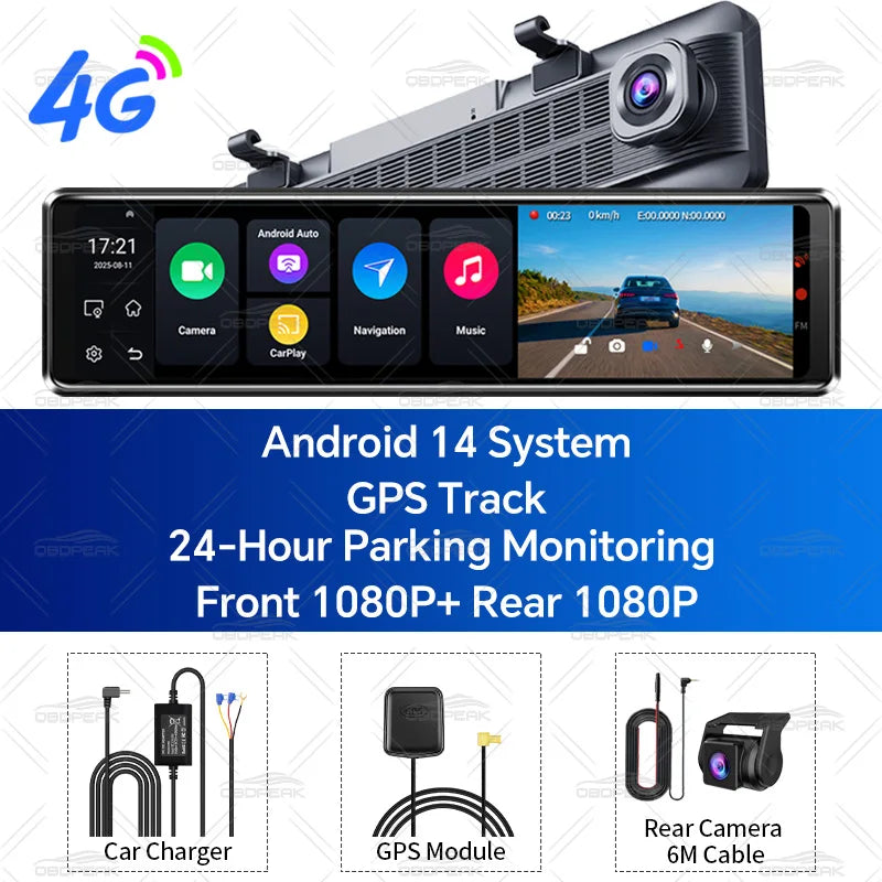 D90 11.26" 4G+64G 4G Android 14 AI Screen GPS Navigation Carplay Android AUTO Dual Lens Dash Cam RearView Mirror Video Recorder