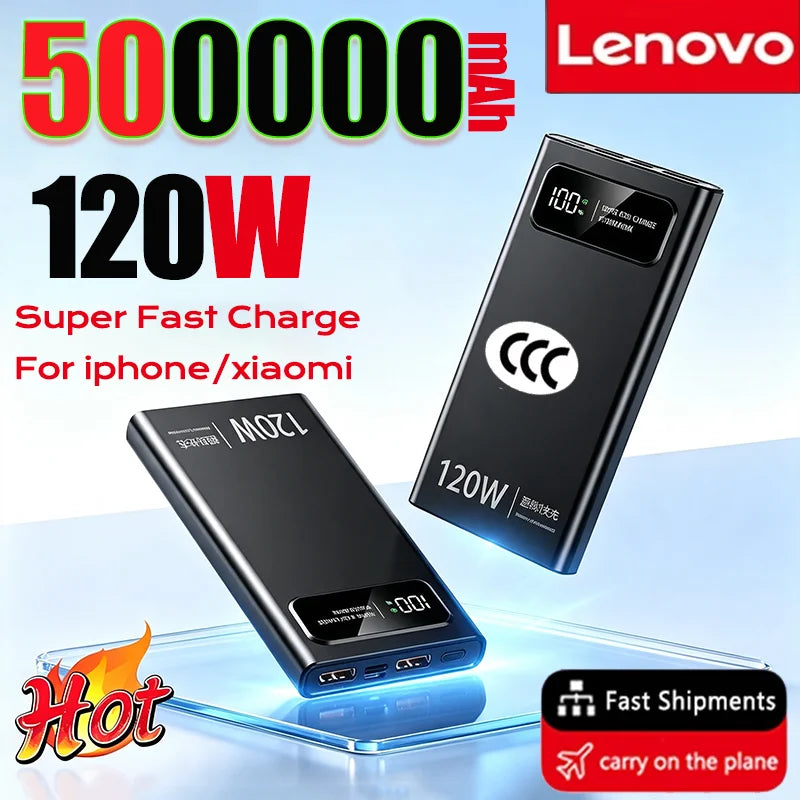 Lenovo 500000mAh 120W Power Bank For Xiaomi Super Fast Charging Battery High Capacity Digital Display Power Bank For iPhone
