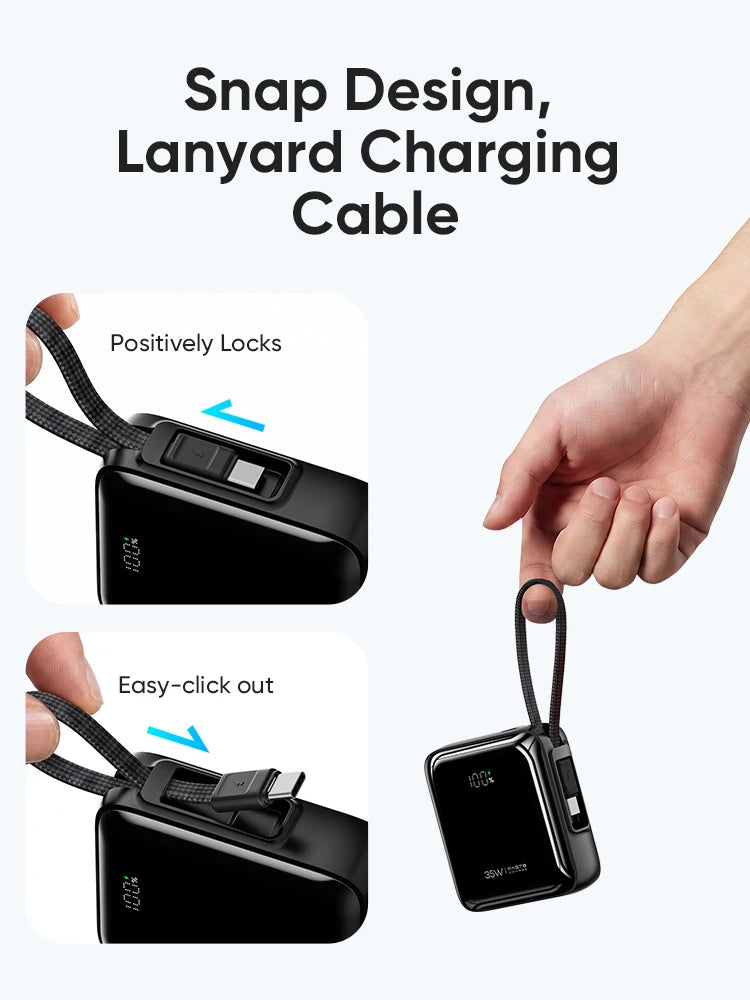 AHARGE 35W Mini Power Bank 10000mAh Built-In USB-C Cable Pocket-Sized PowerBank Fast Charging Portable For iPhone 18 Samsung S25
