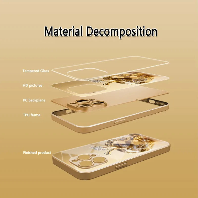 Luxury Jewel For Apple Pattern Gold Metallic Paint Glass Phone Case For iPhone 17 16 15 14 13 12 11 Pro Max Plus 17Air 16E Cover