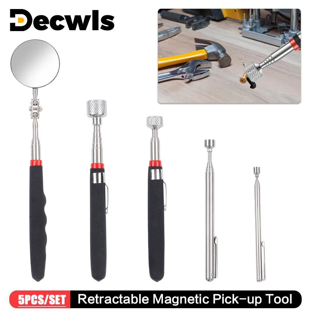 5PCS Telescopic Magnetic Pickup Tool, Portable Extendable Magnet Wand With Inspection Mirror, 360° Rotation, For Car Maintenance CM World