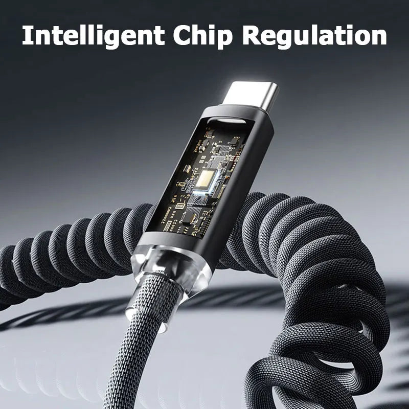 120W Car Retractable Cable Digital Display Spring USB A Type C To Type C Cable For Samsung iPhone 16 Fast Charging Charger Cable