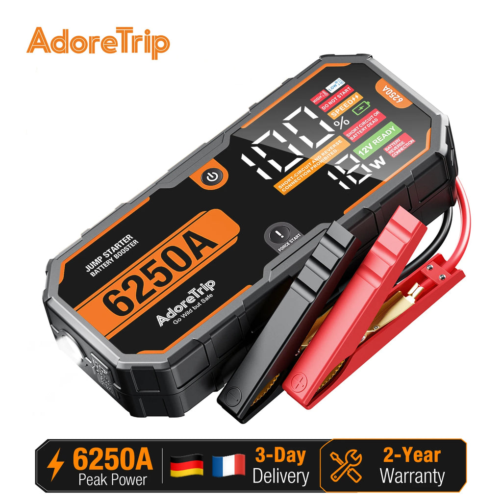 AdoreTrip 6250A Portable 12V Jump Starter 24000mAh Power Bank Auto Battery Booster for 12L Gas 6.5L Diesel Pickups SUV Off-Road 4x4