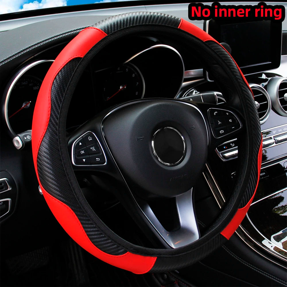 PU Carbon Fiber Leather Car Steering Wheel Cover without Inner Ring Suitable for 14.5-15 Inches of Automotive Supplies CM World