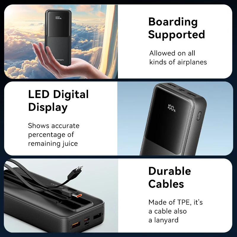 Vention 3C Certified 20000mAh 22.5w Power Bank Built-in USB-C Lightning Cable Portable Fast Charger Spare Battery CCC Powerbank