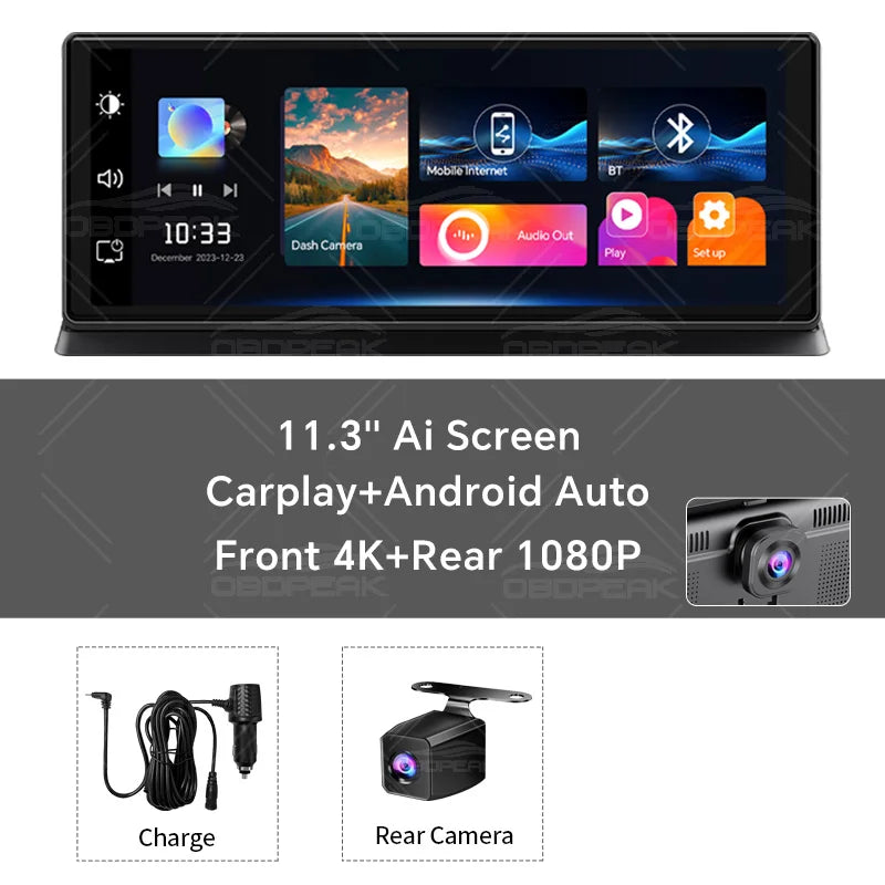K2 Pro Dash Cam 11.3" Rearview Camera 4K 2160P DVR Carplay & Android Auto GPS Navigation Video Recorder Dashboard 5G WiFi AUX