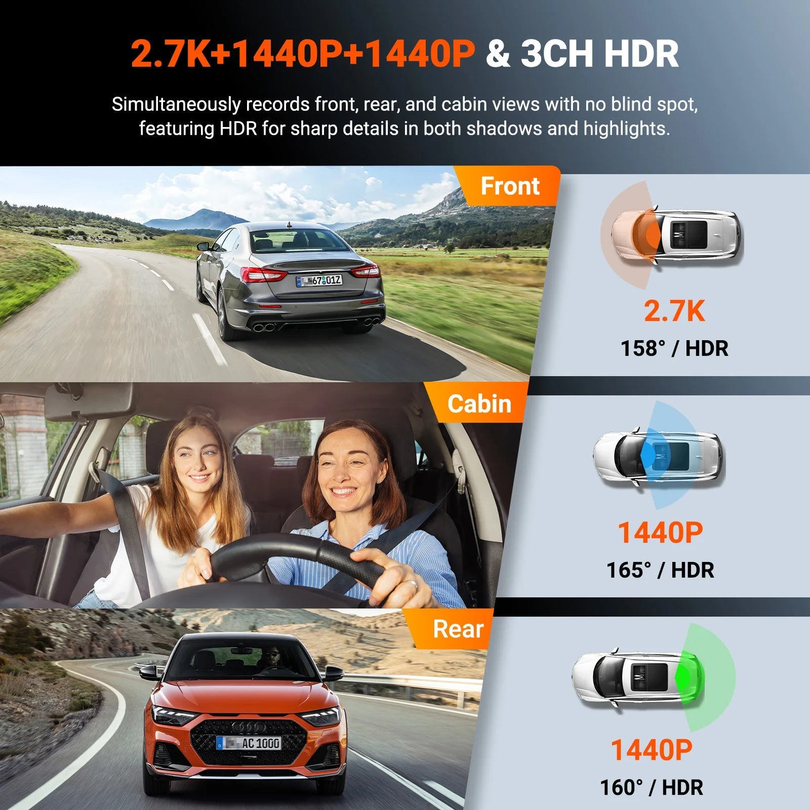Vantrue N4S DashCam 3 Channel WiFi STARVIS 2 2.7K+1440P+1440 Waterproof Rear Camera HDR IR Night Vision GPS 24h Packing Mode Car Mobile World