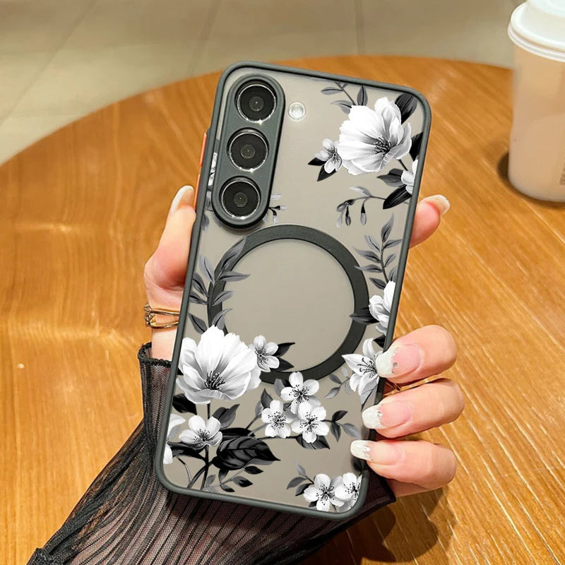 For Samsung Galaxy A57 A37 A17 A55 A54 A56 A25 S25 S26 Edge S24 S23 S22 Ultra Plus S25 FE Flower Case Magnetic For Magsafe Cover Car Mobile World