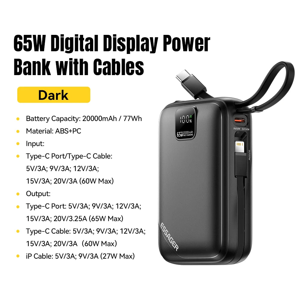 Essager Power Bank 20000mAh PD 65W Fast Charging Digital Display Portable PowerBank With 2 Cables for iPhone 16 Laptop MacBook