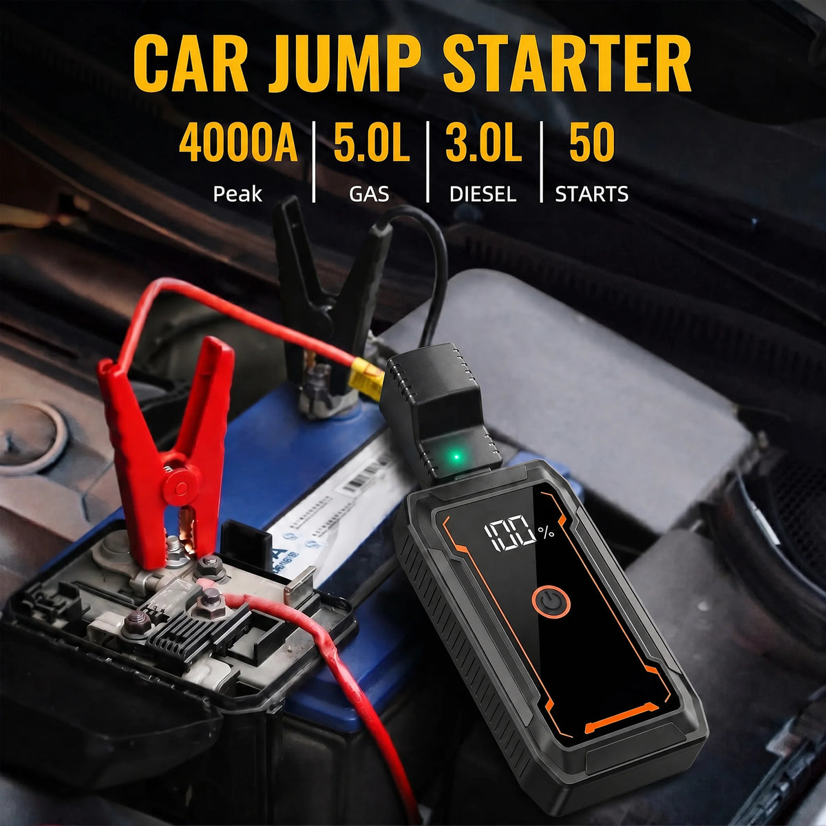 STSCEZ 4000A Peak 12V Car Jump Starter, Battery Booster with LED Light and LCD Power Display, Portable Power Bank and Charger with Smart Clamps, Emergency Starter for 5.0L Petrol and 3.0L Diesel Engines