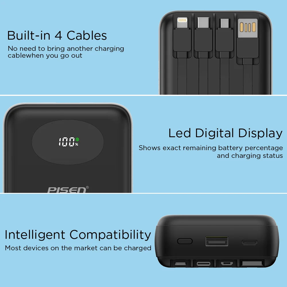 PISEN 20000mAh 20W Fast Charging Powerbank With 4 Built-in Cables For iPhone Samsung Xiaomi