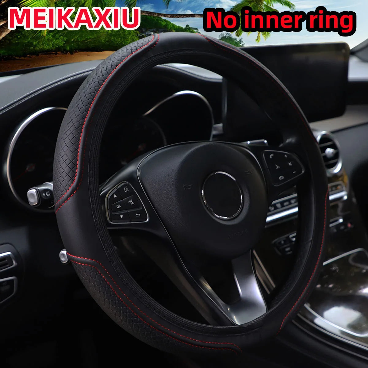 PU Leather Embossed Steering Wheel Cover 14.5-15 Inch round Rimless Design for All Seasons Men Women Cars CM World