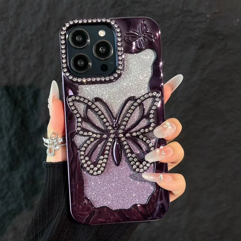 Luxury Soft Butterfly Diamond Phone Case For iPhone 11 12 13 14 15 16 17 Pro Max Plus Air Glitter Bumper Back Cases Cover