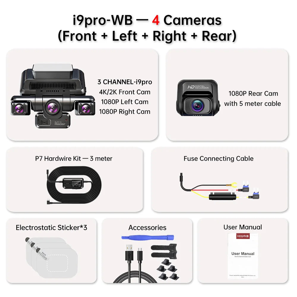 XUOIB 4CH GPS Dash Cam I9pro-wb Front 4K/2K+3*1080P for Car 360 DVR Camera 24H Parking Mode WiFi Video Recorder IR Night Vision Car Mobile World