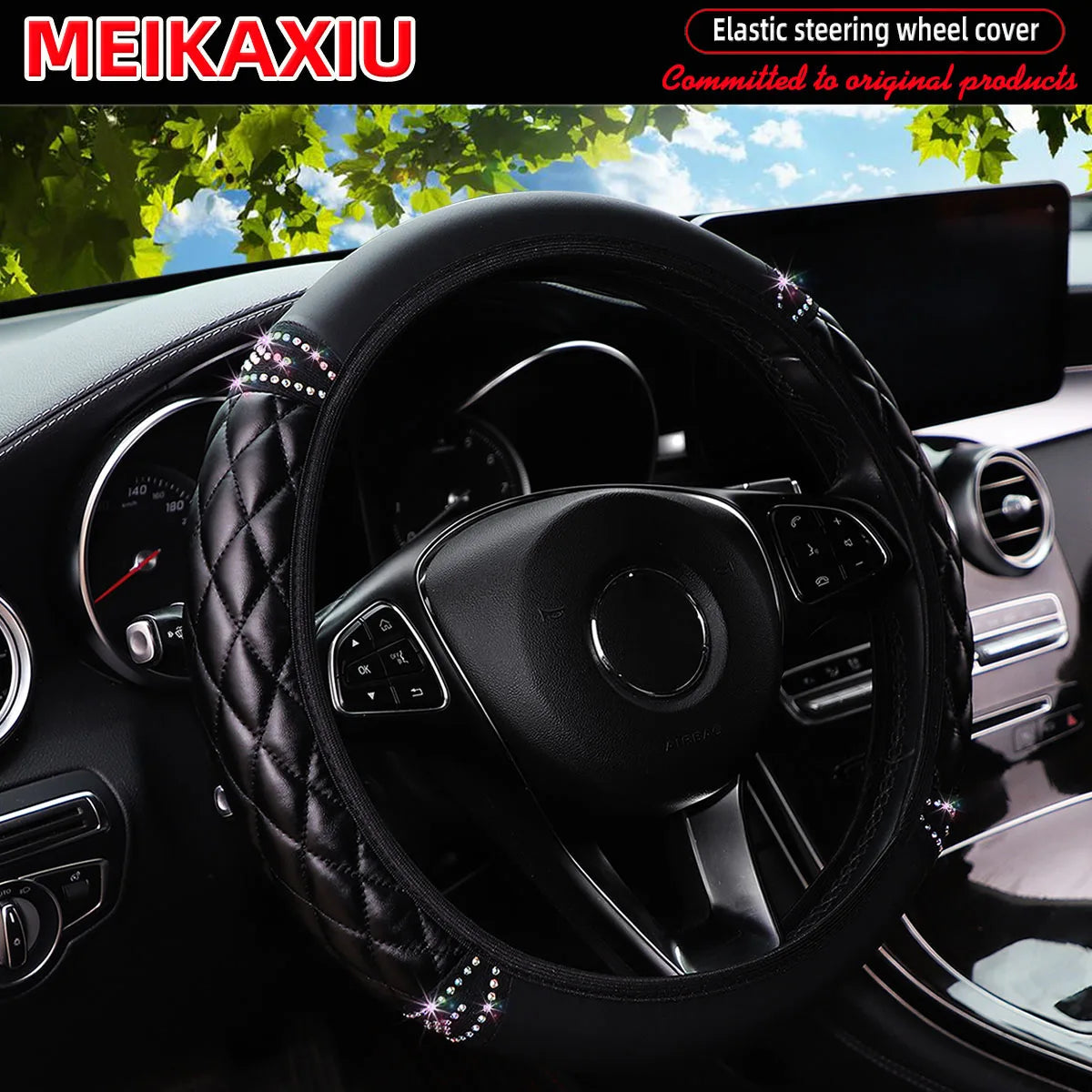 PU soft leather diamond-shaped pattern embroidered with diamonds and glittering car without inner ring steering wheel cover CM World
