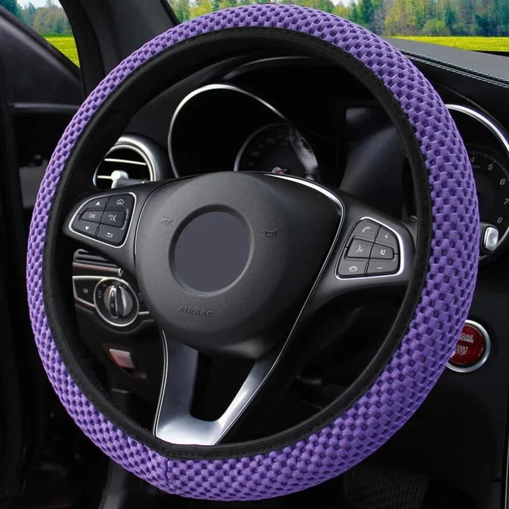 Universal 38cm car steering wheel cover with anti slip and sweat absorbing ring, elastic grip for easy installation and removal