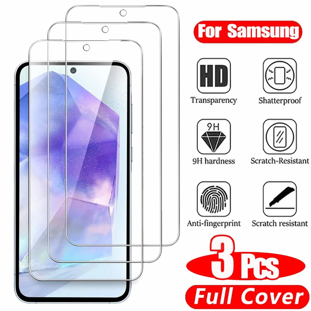 3PCS HD Tempered Glass For Samsung A17 A27 A37 A57 A16 A26 A36 A56 A55 A53 A54 A35 A25 A15 Screen Protector Samsung Galaxy S26 S25 S24 Ultra Cristal Templado S24 FE S23 S22 S21 Plus Car Mobile World