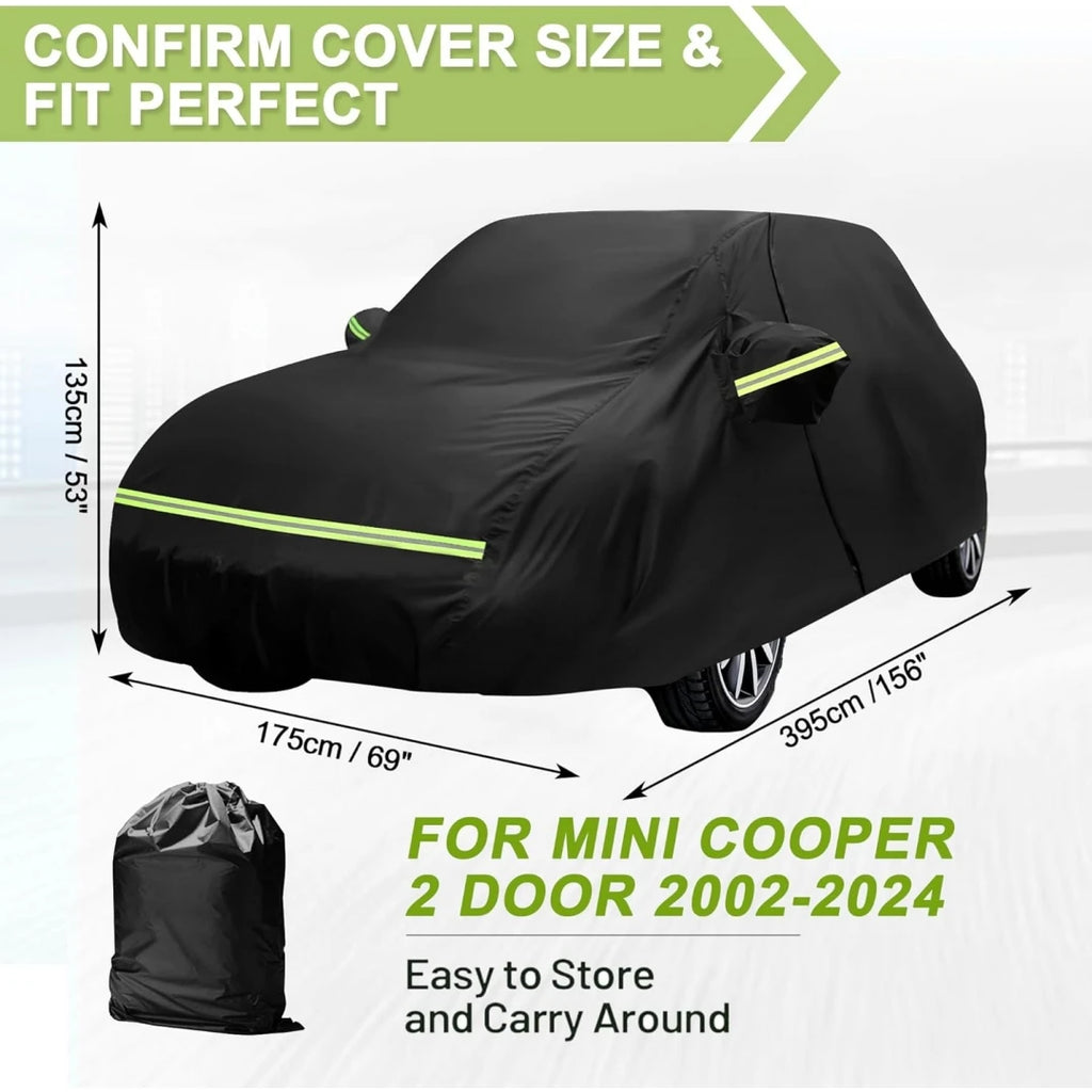 Car Covers for Mini Cooper 2-Door 2002-2024 Waterproof with Door Zipper Windproof Bands for Snow Rain Dust Hail Protection Black