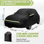 Car Covers for Mini Cooper 2-Door 2002-2024 Waterproof with Door Zipper Windproof Bands for Snow Rain Dust Hail Protection Black