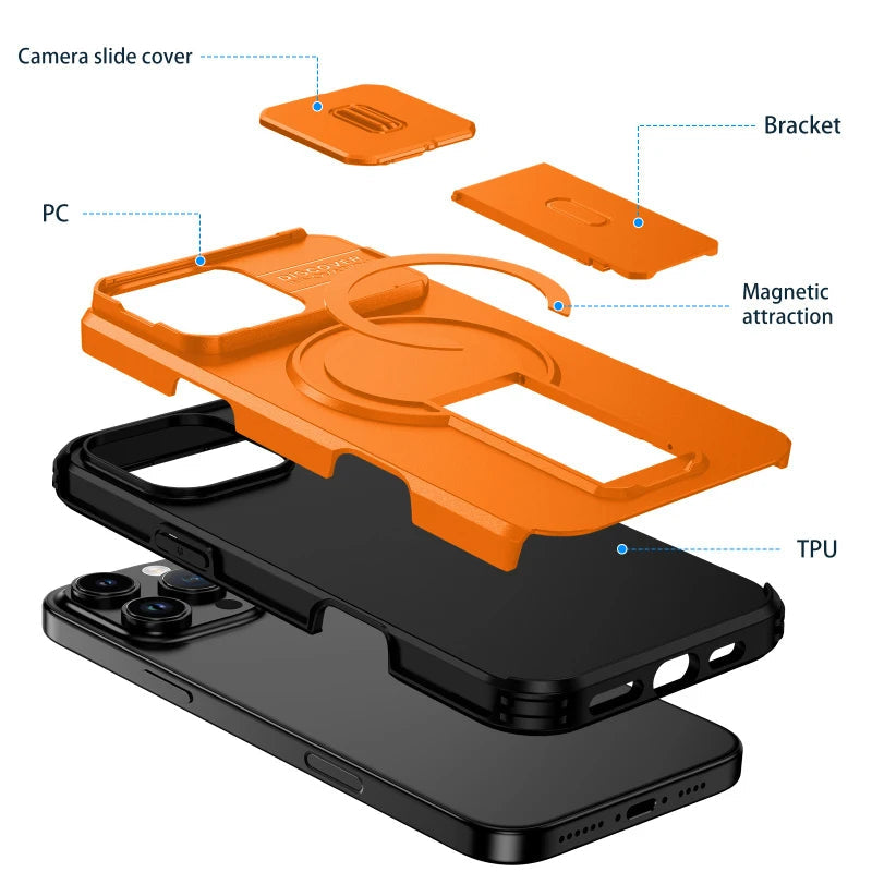 Shockproof Armor Bracket Magnetic Case for iPhone 17 16 E 15 14 13 11 12 Pro Max Mini For Magsafe Sliding Camera Protect Cover