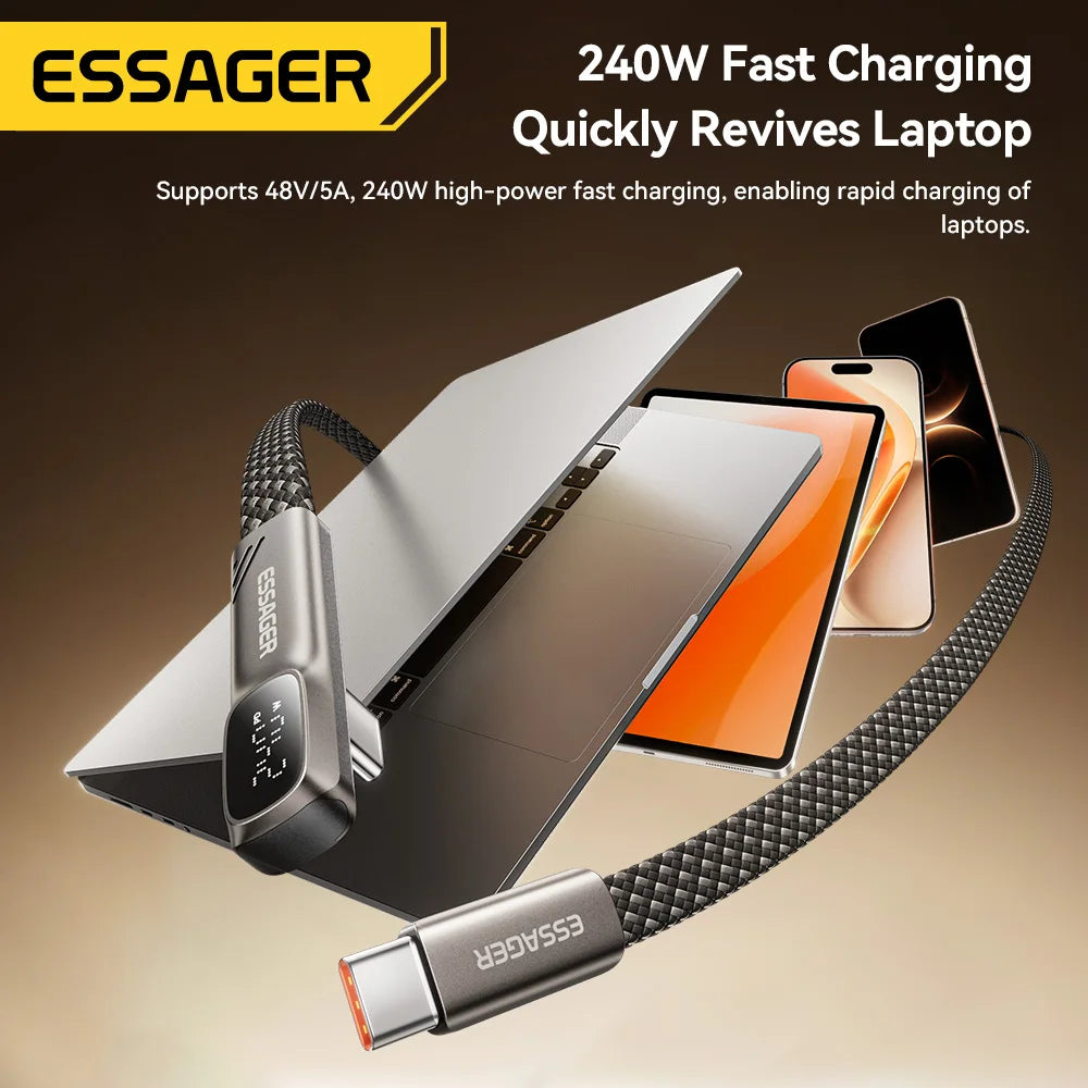 Essager Elbow 240W Type C to Type C Cable Digital Display 5A PD Fast Charging Wire For iPhone 17 16 MacBook Pro Samsung Huawei