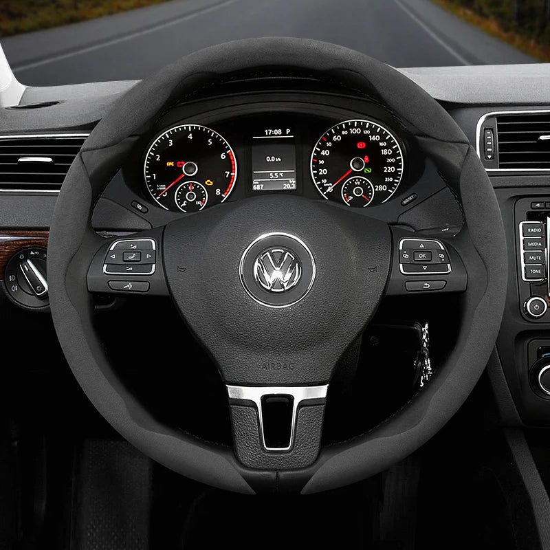 Suitable for Volkswagen Anti-Slip Buckle Segmented Suede Steering Wheel Cover Suitable for Polo Golf 5 6 7 Gol Cc Passat B6 B8 Jetta Scirocco T4 Crafter Taigo up Santana Nivus Tcros G3 Caddy Tiguan CM World