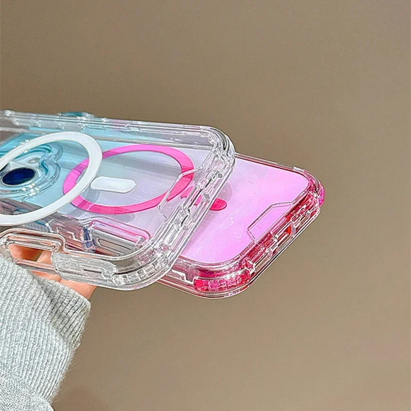 3 IN 1 Gradient Clear Magnetic Shockproof Case for IPhone 17 16 15 14 13 12 Pro Max Ultra Slim Anti Slip Wireless Charging Cover