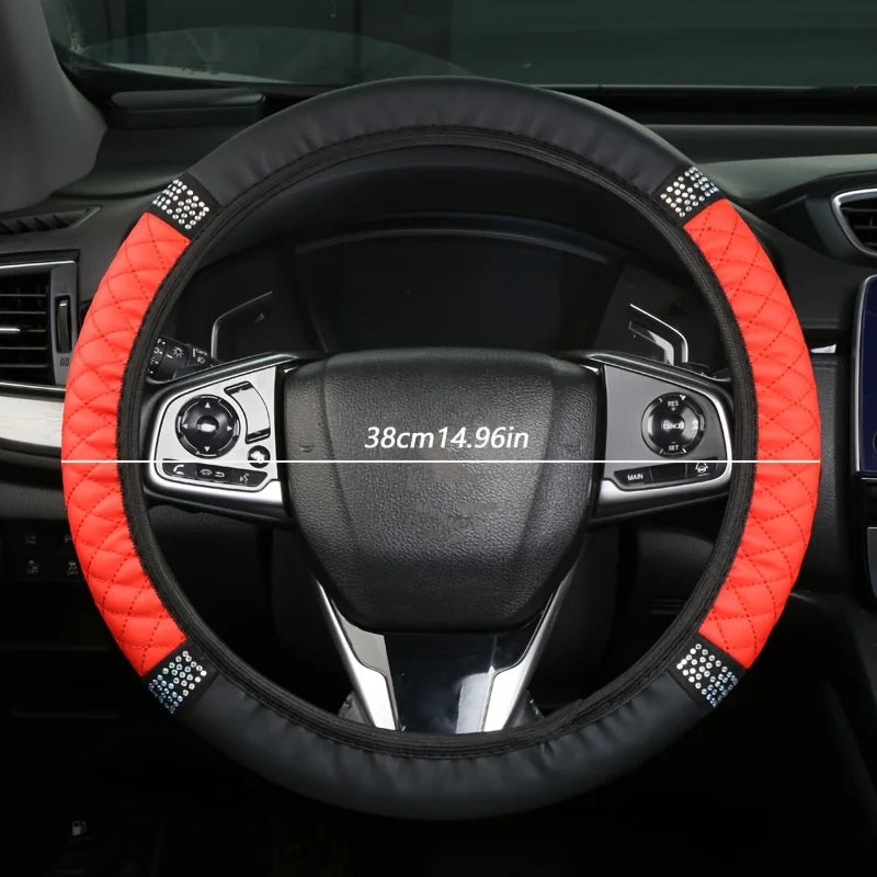 1PC Car steering wheel cover PU leather handle cover, no inner ring, fashionable diamond inlaid handle cover CM World