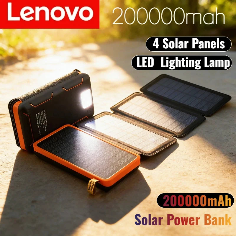 Lenovo LED Solar Power Bank  200000mAh 4 Solar Panels Wireless Charger Portable External Battery Flashlight for Outdoor Travel Car Mobile World
