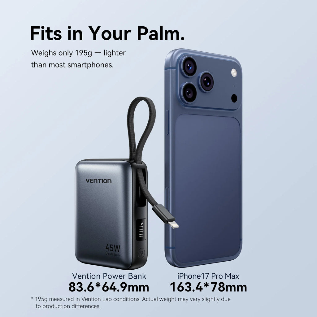 Vention 45W 10000mAh Power Bank Built-In USB-C Cable Portable Powerbank for iPhone 17 Samsung S26 Pocket-Sized Auxiliary Battery Car Mobile World