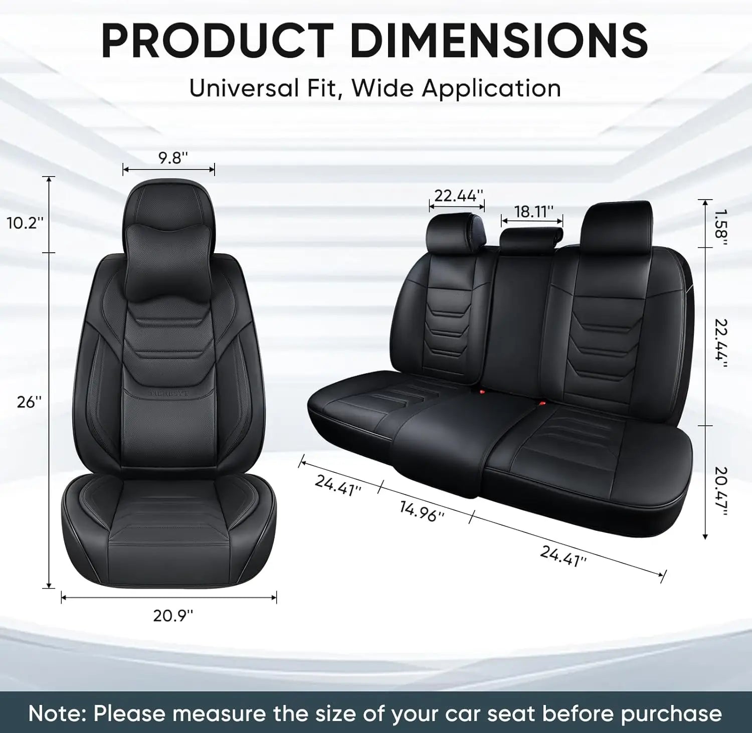 Breathable Leather Car Seat Covers Full Set, Waterproof Front and Rear with Headrest for Most Sedans SUV Trucks CM World