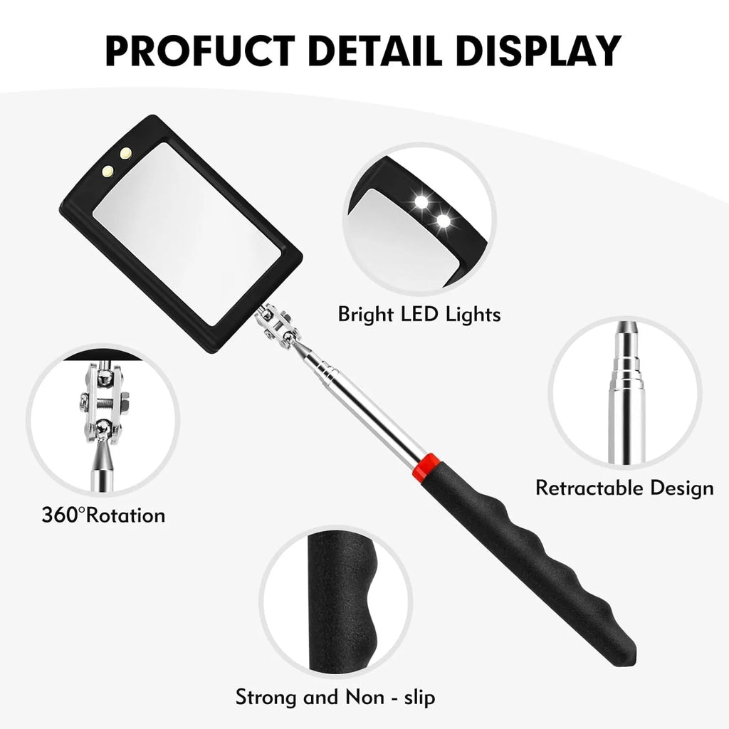 Car 360° Inspection Mirror LED Light Telescopic Inspection Mirror  for Check The Condition of Vehicle Automotive Repairs Tools CM World