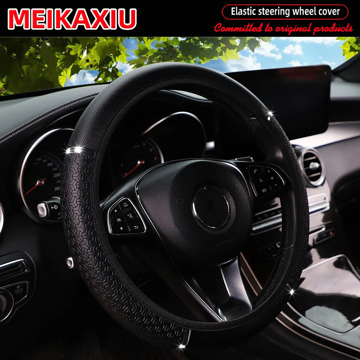 PU Leather Snowflake Steering Wheel Cover with Metal Strip 14.5-15 Inch Car Interior Accessory Rimless