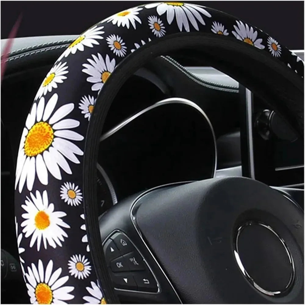 Car Steering Wheel Cover Universal 15 Inch Daisy Anti Slip Steering Wheel Cover Suitable for All Seasons Breathable Comfortable