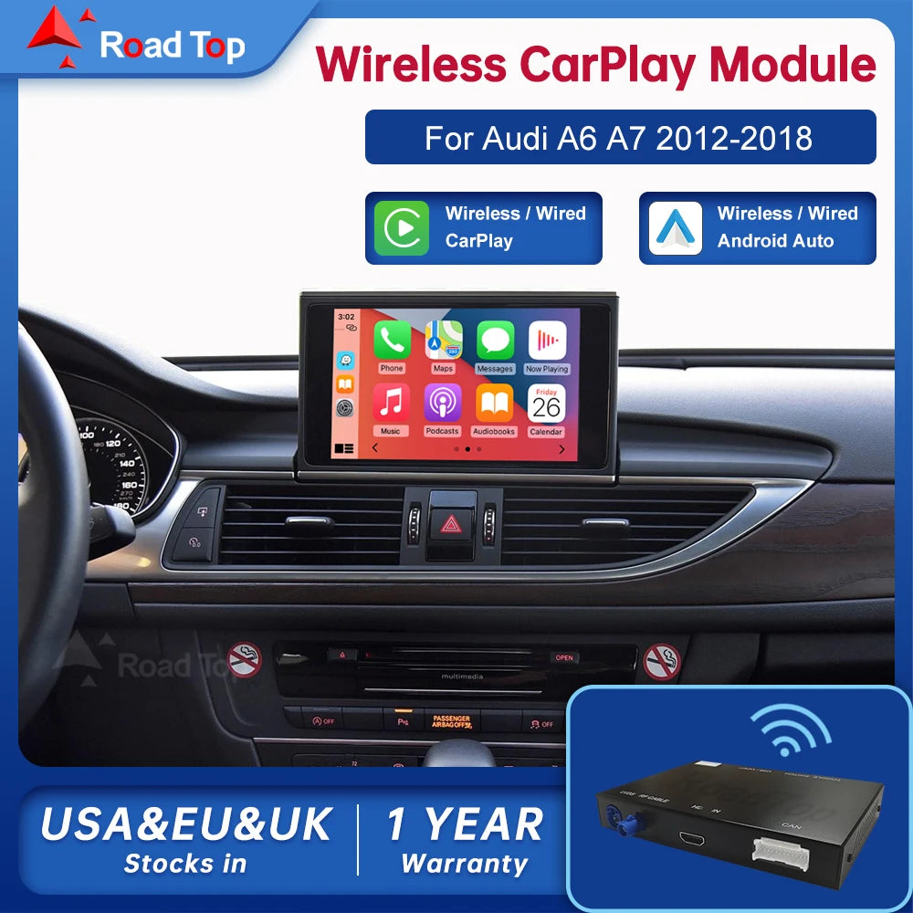 Road Top Wireless Android Auto For Audi Car A6 A7 RMC 3G MMI MHI2 2012-2018 Carplay Interface Mirror Link Air Play CM World