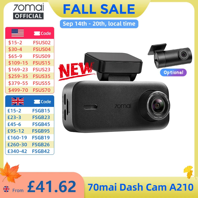 New 70mai A210 Dash Cam 1080P 130FOV Supercapacitor Super Night Vision with F/1.6 Aperture Built-in GPS Wi-Fi 6
