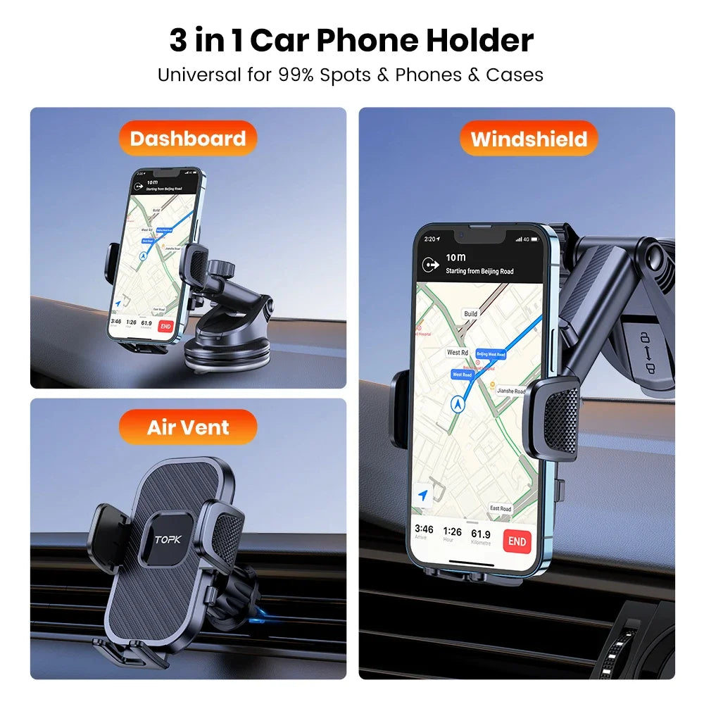 TOPK Car Phone Holder Suction Dashboard Mount Hands-Free Stand Compatible with All Smartphones