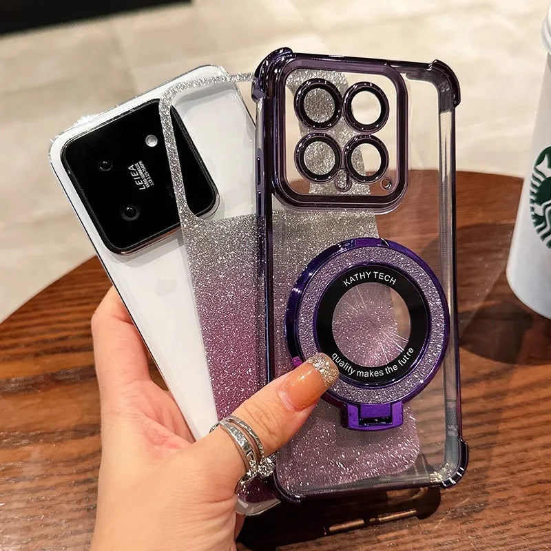Luxury Plating Clear Glitter Stand Phone Case for IPhone 17 Pro Max 17E Air 16 15 14 Plus 13 Pro Shockproof Four Coner TPU Cover