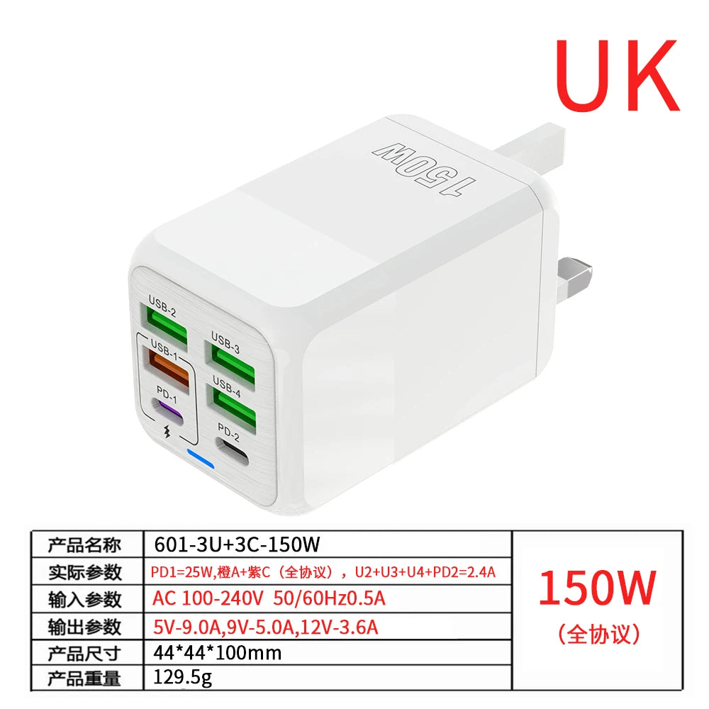 150W 6 Ports Pd QC 4.0 Usb C Fast Charger Wall Adapter Super Fast Charging For Iphone Samsung Ipad Xiaomi Huawei Oneplus Oppo Car Mobile World