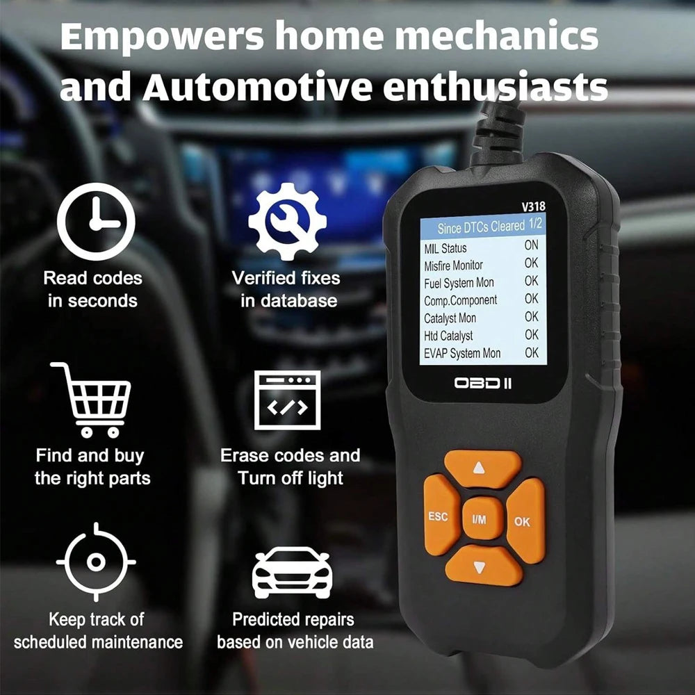 V318 OBD2 Scanner Color Screen Diagnostic Tool Multilingual Engine Fault Code Reader Battery Tester Full-Function Diagnostic Car Mobile World