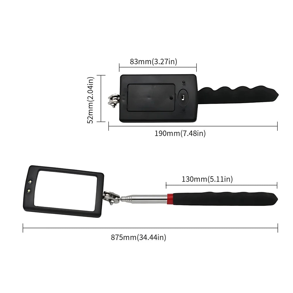 Inspection Mirror with Led Lighting 360° Telescopic Detection Lens Square Retractable Car Engine Chassis Mechanic Repairing Tool CM World