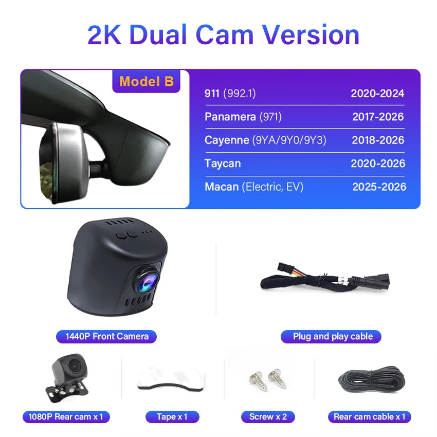 4K Plug And Play Easy Installation Wifi Car DVR Dash Cam For Porsche Cayenne/Macan/911/Taycan/Panamera/718 Boxster & Cayman Car Mobile World