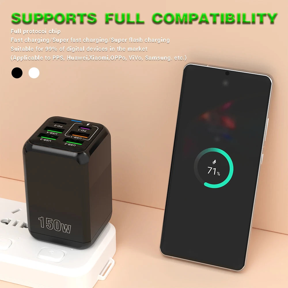 150W 6 Ports Pd QC 4.0 Usb C Fast Charger Wall Adapter Super Fast Charging For Iphone Samsung Ipad Xiaomi Huawei Oneplus Oppo Car Mobile World