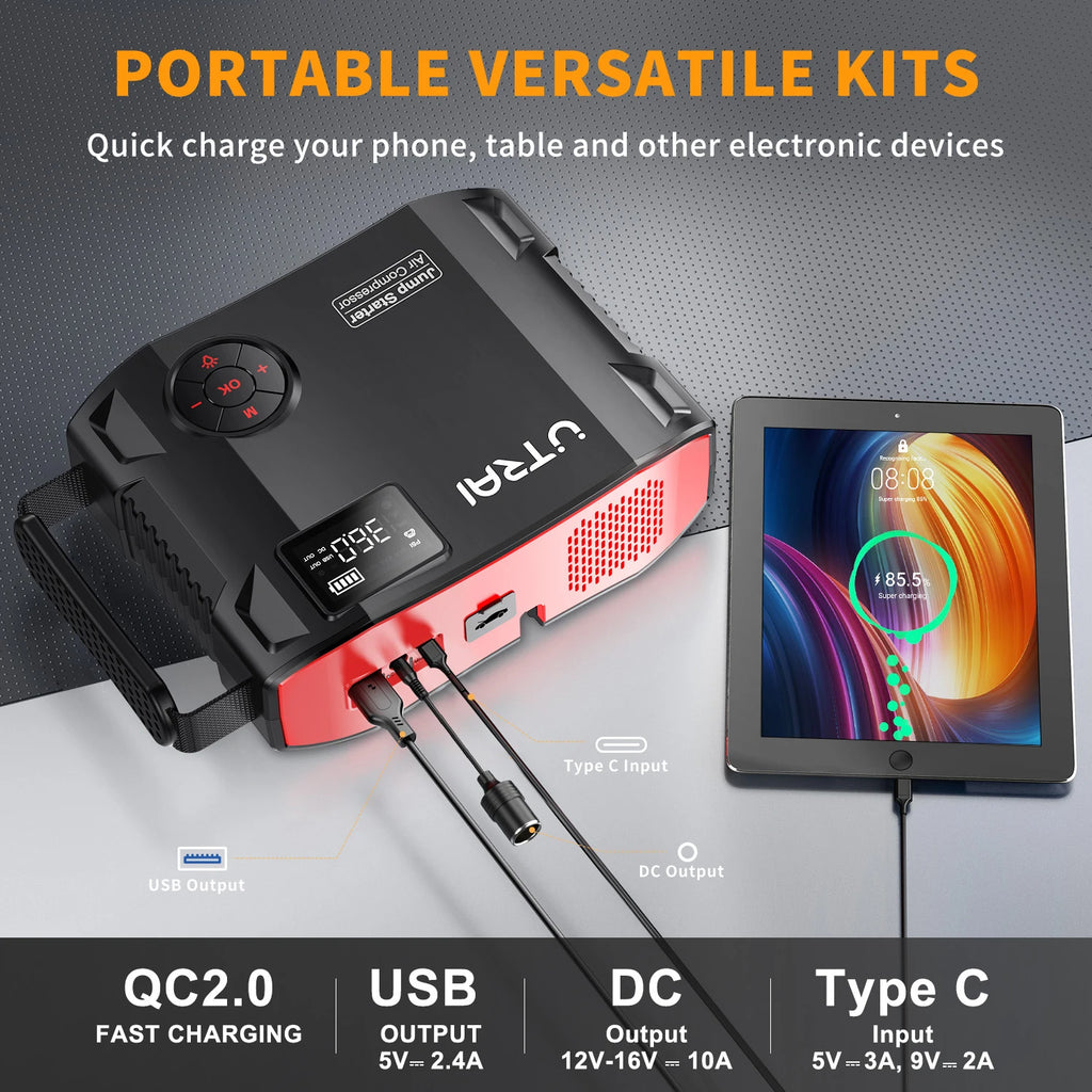 UTRAI 4 In 1 2000A Jump Starter Power Bank 16000mAh 150PSI Air Compressor Tire Pump Portable Charger Car Booster Starting Device CM World