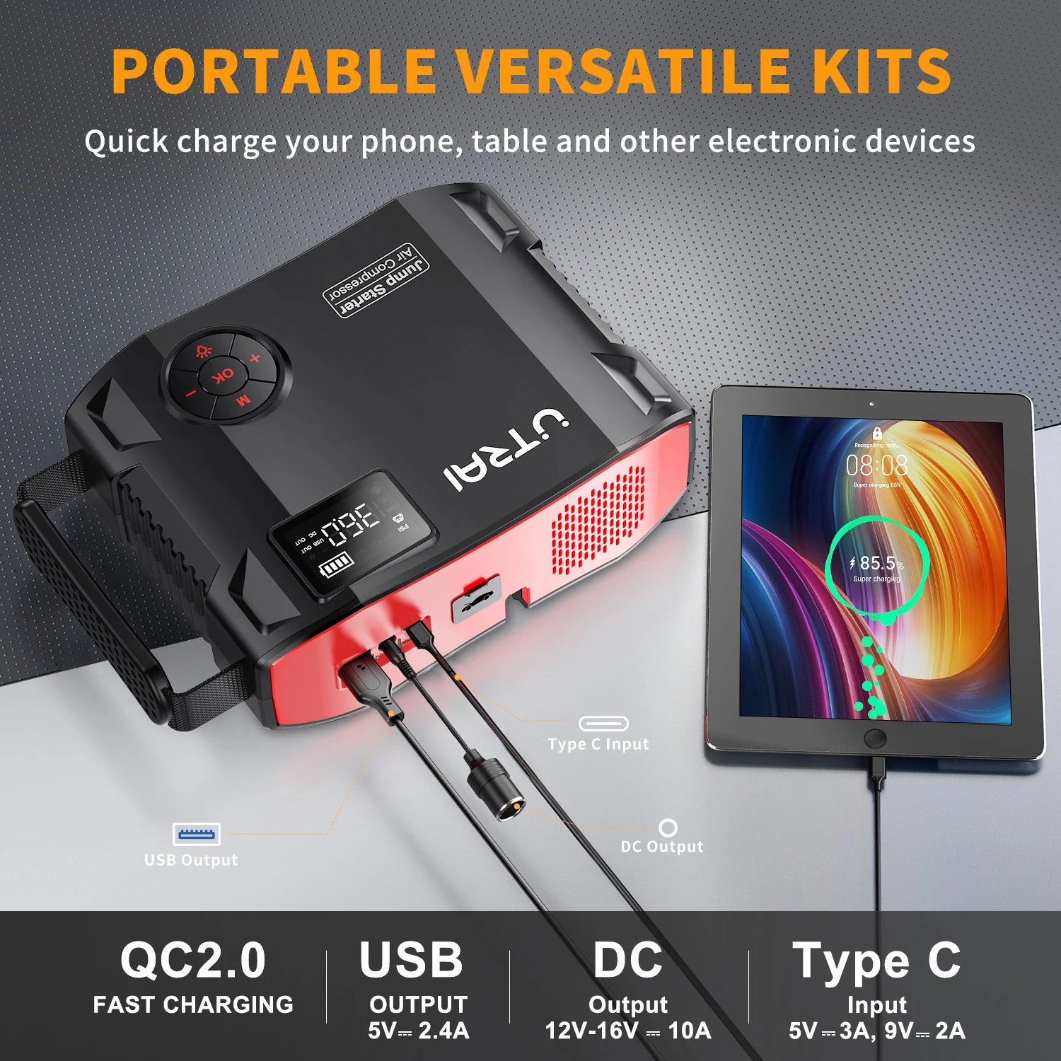 UTRAI 4 In 1 2000A Jump Starter Power Bank 16000mAh 150PSI Air Compressor Tire Pump Portable Charger Car Booster Starting Device CM World