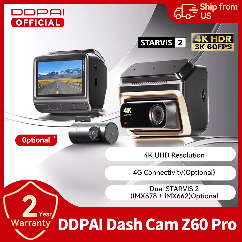 【For US】DDPAI 4K Dash Cam Z60 Pro Support Front and Rear Car Camera SONY STARVIS2 678 Sensor 5GHz Wi-Fi GPS ADAS Car DVR Car Mobile World